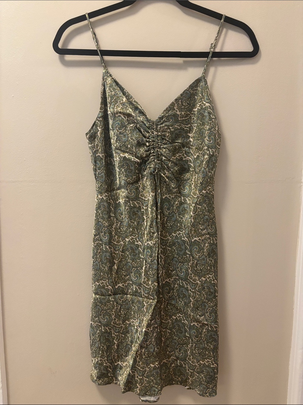 Zara Green Paisley Ruched Slip Dress